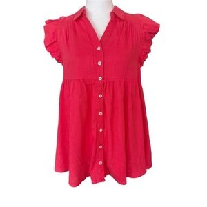 Umgee Babydoll High Low Top Pink Womens Small Linen Blend Ruffle Sleeve